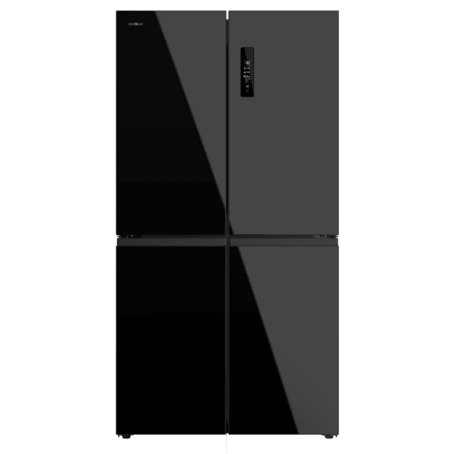 Bolero CoolMarket 4D 601 Black Glass E Frigorífico de 4 Puertas cristal negro, Capacidad de 601 Litros, Ancho de 90.5 cm alto de 177.5 cm, Sistema de conservación Total NoFrost, MetalFlex Cooling, Cajón Control de Humedad y Cajón temp. variable 0ºC A 7ºC, Motor Inverter Plus silencioso y de bajo consumo, Display digital exterior, Clasificación energética Clase E, Funciones Fast Cooling y Fast Freezing, Alarma de puerta Abierta y Alarma temperatura y mal funcionamiento, Modo ECO
