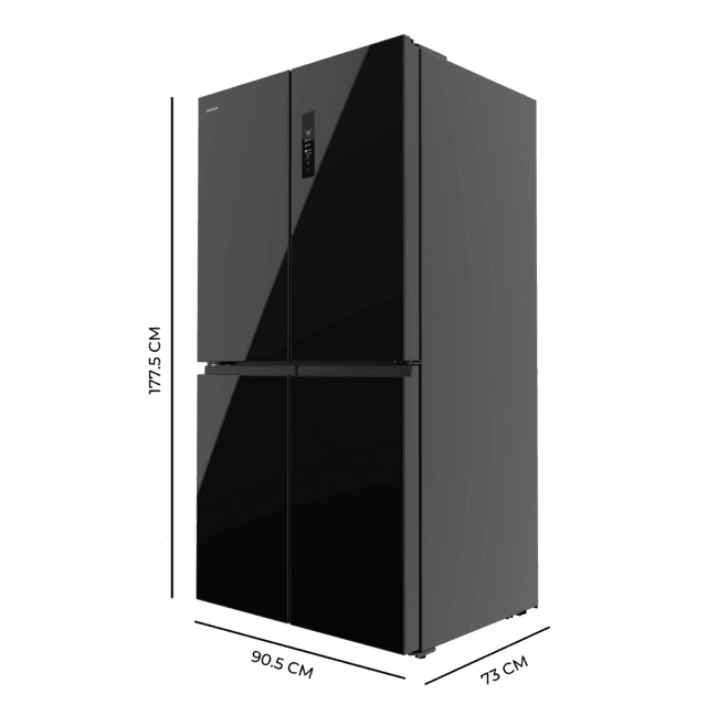 Bolero CoolMarket 4D 601 Black Glass E Frigorífico de 4 Puertas cristal negro, Capacidad de 601 Litros, Ancho de 90.5 cm alto de 177.5 cm, Sistema de conservación Total NoFrost, MetalFlex Cooling, Cajón Control de Humedad y Cajón temp. variable 0ºC A 7ºC, Motor Inverter Plus silencioso y de bajo consumo, Display digital exterior, Clasificación energética Clase E, Funciones Fast Cooling y Fast Freezing, Alarma de puerta Abierta y Alarma temperatura y mal funcionamiento, Modo ECO