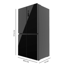 Bolero CoolMarket 4D 601 Black Glass E Frigorífico de 4 Puertas cristal negro, Capacidad de 601 Litros, Ancho de 90.5 cm alto de 177.5 cm, Sistema de conservación Total NoFrost, MetalFlex Cooling, Cajón Control de Humedad y Cajón temp. variable 0ºC A 7ºC, Motor Inverter Plus silencioso y de bajo consumo, Display digital exterior, Clasificación energética Clase E, Funciones Fast Cooling y Fast Freezing, Alarma de puerta Abierta y Alarma temperatura y mal funcionamiento, Modo ECO
