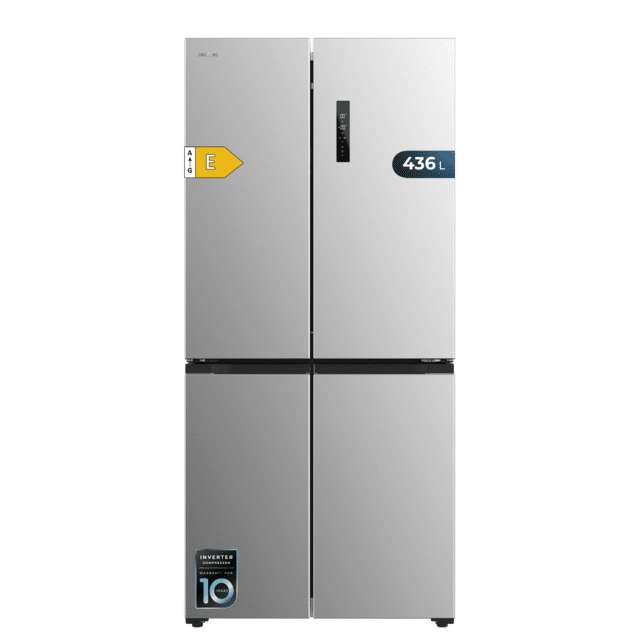 Bolero CoolMarket 4D 436 Inox E Frigorífico 4 puertas inox, 183cm alto y 83,6cm ancho, capacidad 436L, compresor Inverter Plus, Total No Frost, Alarma de puerta abierta, clase energética E. Además, cuenta con distintos modos como Fast Cooling y Fast Freezing, así como sistemas como MultiAirFlow, Metal Cooling y modo vacaciones.