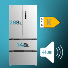 Bolero CoolMarket FD 436 Inox E Frigorífico puerta francesa inox, 183 cm de alto y 83,6 cm de ancho, capacidad 463L, compresor Inverter Plus, Total No Frost, clase energética E. Además, cuenta con distintos modos como Fast Cooling y Fast Freezing, así como sistemas como MultiAirFlow, Metal Cooling y modo vacaciones.