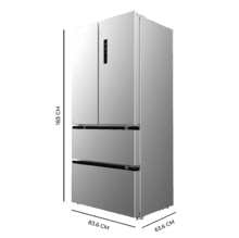 Bolero CoolMarket FD 436 Inox E Frigorífico puerta francesa inox, 183 cm de alto y 83,6 cm de ancho, capacidad 463L, compresor Inverter Plus, Total No Frost, clase energética E. Además, cuenta con distintos modos como Fast Cooling y Fast Freezing, así como sistemas como MultiAirFlow, Metal Cooling y modo vacaciones.
