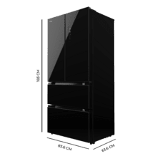 Bolero CoolMarket FD 436 Black Glass E Réfrigérateur-congélateur French Door en verre noir, 183 cm de hauteur et 83,6 cm de largeur, capacité de 436 litres, compresseur Inverter Plus, Total No Frost, classe énergétique E, mode Fast Cooling et Fast Freezing, système MultiAirFlow, mode Vacances et Metal Cooling.