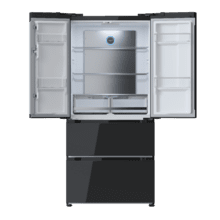 Bolero CoolMarket FD 436 Black Glass E Réfrigérateur-congélateur French Door en verre noir, 183 cm de hauteur et 83,6 cm de largeur, capacité de 436 litres, compresseur Inverter Plus, Total No Frost, classe énergétique E, mode Fast Cooling et Fast Freezing, système MultiAirFlow, mode Vacances et Metal Cooling.