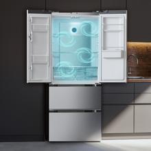 Bolero CoolMarket FD 436 WD Inox E Frigorífico puerta francesa inox con dispensador de agua, 183 cm de alto y 83,6 cm de ancho, capacidad 463L, compresor Inverter Plus, Total No Frost, clase energética E. Además, cuenta con distintos modos como Fast Cooling y Fast Freezing, así como sistemas como MultiAirFlow, Metal Cooling y modo vacaciones.