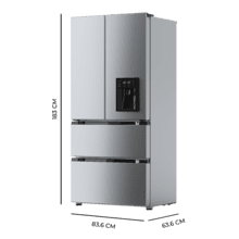 Bolero CoolMarket FD 436 WD Inox E Frigorífico puerta francesa inox con dispensador de agua, 183 cm de alto y 83,6 cm de ancho, capacidad 463L, compresor Inverter Plus, Total No Frost, clase energética E. Además, cuenta con distintos modos como Fast Cooling y Fast Freezing, así como sistemas como MultiAirFlow, Metal Cooling y modo vacaciones.
