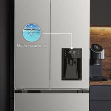 Bolero CoolMarket FD 436 WD Inox E Frigorífico puerta francesa inox con dispensador de agua, 183 cm de alto y 83,6 cm de ancho, capacidad 463L, compresor Inverter Plus, Total No Frost, clase energética E. Además, cuenta con distintos modos como Fast Cooling y Fast Freezing, así como sistemas como MultiAirFlow, Metal Cooling y modo vacaciones.