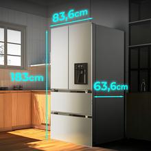 Bolero CoolMarket FD 436 WD Inox E Frigorífico puerta francesa inox con dispensador de agua, 183 cm de alto y 83,6 cm de ancho, capacidad 463L, compresor Inverter Plus, Total No Frost, clase energética E. Además, cuenta con distintos modos como Fast Cooling y Fast Freezing, así como sistemas como MultiAirFlow, Metal Cooling y modo vacaciones.