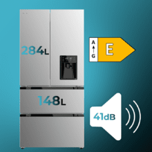 Bolero CoolMarket FD 436 WD Inox E Frigorífico puerta francesa inox con dispensador de agua, 183 cm de alto y 83,6 cm de ancho, capacidad 463L, compresor Inverter Plus, Total No Frost, clase energética E. Además, cuenta con distintos modos como Fast Cooling y Fast Freezing, así como sistemas como MultiAirFlow, Metal Cooling y modo vacaciones.