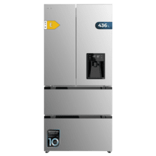 Bolero CoolMarket FD 436 WD Inox E Frigorífico puerta francesa inox con dispensador de agua, 183 cm de alto y 83,6 cm de ancho, capacidad 463L, compresor Inverter Plus, Total No Frost, clase energética E. Además, cuenta con distintos modos como Fast Cooling y Fast Freezing, así como sistemas como MultiAirFlow, Metal Cooling y modo vacaciones.