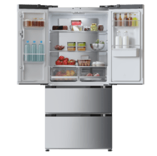 Bolero CoolMarket FD 436 WD Inox E Frigorífico puerta francesa inox con dispensador de agua, 183 cm de alto y 83,6 cm de ancho, capacidad 463L, compresor Inverter Plus, Total No Frost, clase energética E. Además, cuenta con distintos modos como Fast Cooling y Fast Freezing, así como sistemas como MultiAirFlow, Metal Cooling y modo vacaciones.