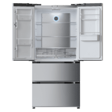 Bolero CoolMarket FD 436 WD Inox E Frigorífico puerta francesa inox con dispensador de agua, 183 cm de alto y 83,6 cm de ancho, capacidad 463L, compresor Inverter Plus, Total No Frost, clase energética E. Además, cuenta con distintos modos como Fast Cooling y Fast Freezing, así como sistemas como MultiAirFlow, Metal Cooling y modo vacaciones.
