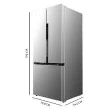 Bolero CoolMarket FD 499 Inox E Frigorífico puerta francesa inox, 178 cm de alto, 75,9 cm de  ancho y 74,2 cm de profundo, capacidad 499L, compresor Inverter Plus, Total No Frost, clase energética E. Además, cuenta con distintos modos como Fast Cooling y Fast Freezing, así como sistemas como MultiAirFlow, Metal Cooling y modo vacaciones.