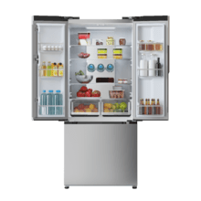 Bolero CoolMarket FD 499 Inox E Frigorífico puerta francesa inox, 178 cm de alto, 75,9 cm de  ancho y 74,2 cm de profundo, capacidad 499L, compresor Inverter Plus, Total No Frost, clase energética E. Además, cuenta con distintos modos como Fast Cooling y Fast Freezing, así como sistemas como MultiAirFlow, Metal Cooling y modo vacaciones.
