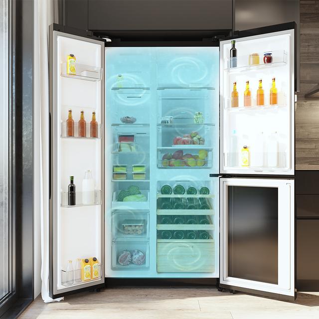 Bolero CoolMarket TDW 548 Black Glass E Frigorífico 3 puertas cristal negro con vinoteca, 183 cm alto, 91,1 cm ancho y 70,6cm profundo, capacidad 548L, compresor Inverter Plus, Total No Frost, clase energética E. Además, cuenta con distintos modos como Fast Cooling y Fast Freezing, así como sistemas como MultiAirFlow, Metal Cooling y modo vacaciones.