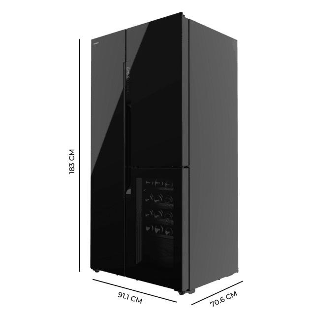 Bolero CoolMarket TDW 548 Black Glass E Frigorífico 3 puertas cristal negro con vinoteca, 183 cm alto, 91,1 cm ancho y 70,6cm profundo, capacidad 548L, compresor Inverter Plus, Total No Frost, clase energética E. Además, cuenta con distintos modos como Fast Cooling y Fast Freezing, así como sistemas como MultiAirFlow, Metal Cooling y modo vacaciones.