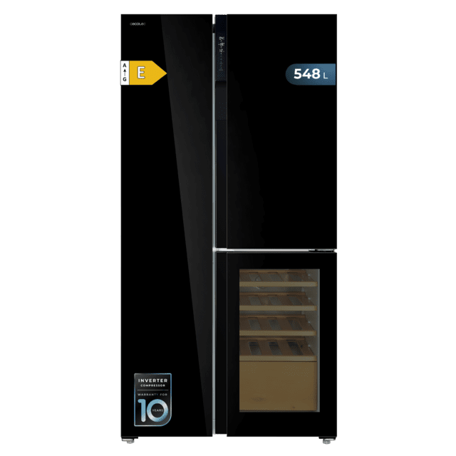 Bolero CoolMarket TDW 548 Black Glass E Frigorífico 3 puertas cristal negro con vinoteca, 183 cm alto, 91,1 cm ancho y 70,6cm profundo, capacidad 548L, compresor Inverter Plus, Total No Frost, clase energética E. Además, cuenta con distintos modos como Fast Cooling y Fast Freezing, así como sistemas como MultiAirFlow, Metal Cooling y modo vacaciones.