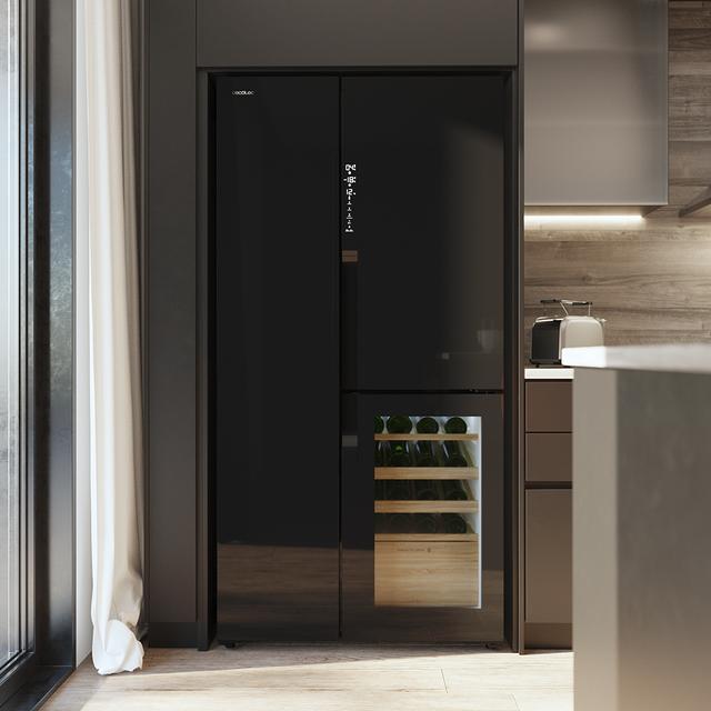 Bolero CoolMarket TDW 548 Black Glass E Frigorífico 3 puertas cristal negro con vinoteca, 183 cm alto, 91,1 cm ancho y 70,6cm profundo, capacidad 548L, compresor Inverter Plus, Total No Frost, clase energética E. Además, cuenta con distintos modos como Fast Cooling y Fast Freezing, así como sistemas como MultiAirFlow, Metal Cooling y modo vacaciones.