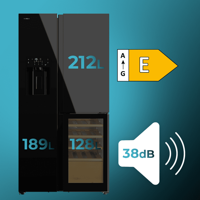 Bolero CoolMarket TDW 529 WID Black Glass E Frigorífico 3 puertas cristal negro con vinoteca y Icemaker, 183 cm alto, 91,1 cm ancho y 70,6cm profundo, capacidad 529L, compresor Inverter Plus, Total No Frost, clase energética E. Además, cuenta con distintos modos como Fast Cooling y Fast Freezing, así como sistemas como MultiAirFlow, Metal Cooling y modo vacaciones.