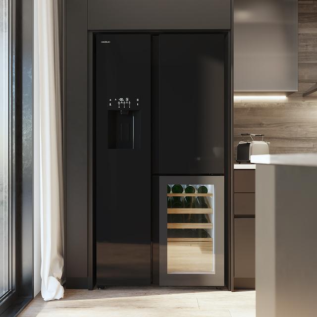 Bolero CoolMarket TDW 529 WID Black Glass E Frigorífico 3 puertas cristal negro con vinoteca y Icemaker, 183 cm alto, 91,1 cm ancho y 70,6cm profundo, capacidad 529L, compresor Inverter Plus, Total No Frost, clase energética E. Además, cuenta con distintos modos como Fast Cooling y Fast Freezing, así como sistemas como MultiAirFlow, Metal Cooling y modo vacaciones.
