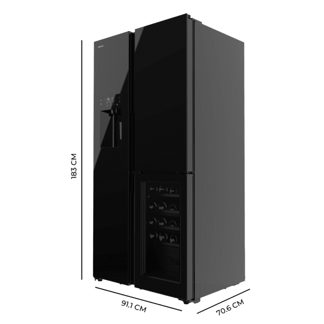 Bolero CoolMarket TDW 529 WID Black Glass E Geladeira 3 portas de vidro preto com adega e máquina de gelo, 183 cm de altura, 91,1 cm de largura e 70,6 cm de profundidade, capacidade 529L, compressor Inverter Plus, Total No Frost, classe energética E. Além disso, Possui diversos modos como Fast Cooling e Fast Freezing, além de sistemas como MultiAirFlow, Metal Cooling e modo férias.