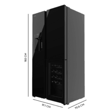 Bolero CoolMarket TDW 529 WID Black Glass E Geladeira 3 portas de vidro preto com adega e máquina de gelo, 183 cm de altura, 91,1 cm de largura e 70,6 cm de profundidade, capacidade 529L, compressor Inverter Plus, Total No Frost, classe energética E. Além disso, Possui diversos modos como Fast Cooling e Fast Freezing, além de sistemas como MultiAirFlow, Metal Cooling e modo férias.