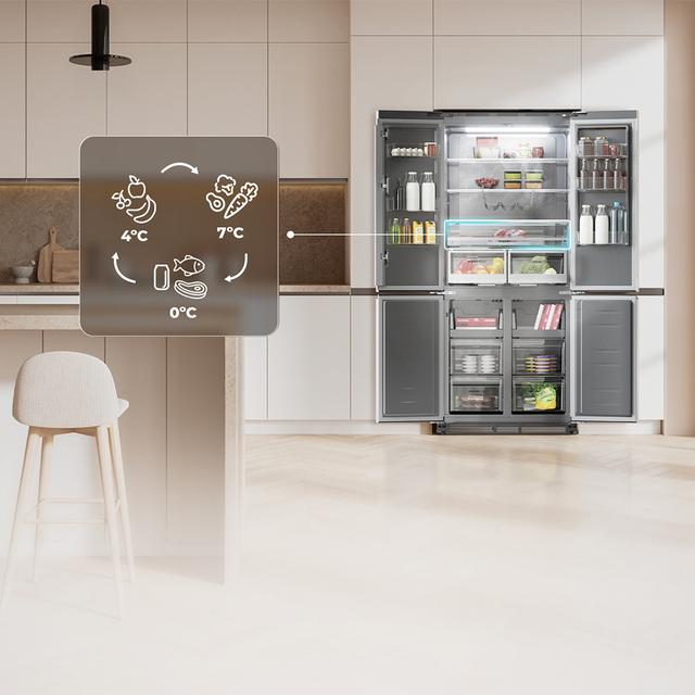 Bolero CoolMarket 4D 466 SBI Inox E Frigorífico americano acero Inoxidable de 466 L de capacidad, 193,5 x 84,4 cm, clase E, Total No Frost, Compresor Inverter Plus y Multi AirFlow; y con tecnologías Fast Cooling y FastFreezing, y el modo Smart y cajón convertible Fresh Zone Plus