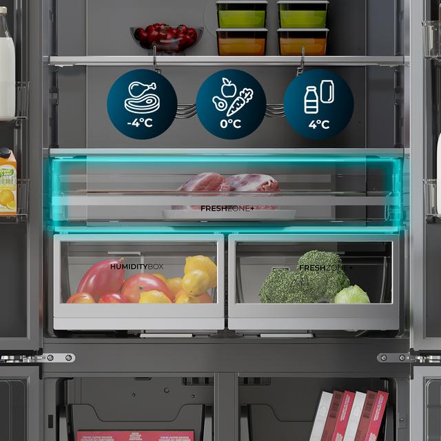 Bolero CoolMarket 4D 466 SBI Inox E Geladeira americana em aço inox com 466 L de capacidade, 193,5 x 84,4 cm, classe E, Total No Frost, Compressor Inverter Plus e Multi AirFlow; e com tecnologias Fast Cooling e FastFreezing, modo Smart e gaveta conversível Fresh Zone Plus