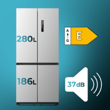 Bolero CoolMarket 4D 466 SBI Inox E Réfrigérateur américain en acier inoxydable d'une capacité de 466 L, 193,5 x 84,4 cm, classe E, Total No Frost, compresseur Inverter Plus et Multi AirFlow ; et avec les technologies Fast Cooling et FastFreezing, le mode Smart et le tiroir convertible Fresh Zone Plus