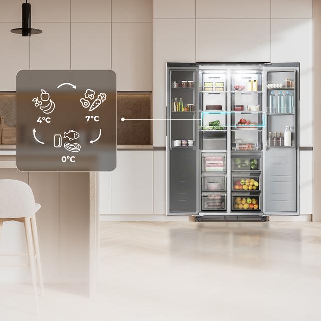 Frigorífico americano acero Inoxidable de 436 L de capacidad, 184,8 x 84,4 cm, clase E, Total No Frost, Compresor Inverter Plus y Multi AirFlow; y con tecnologías Fast Cooling y Fast Freezing, y  el Modo Smart y cajón convertible Fresh Zone Plus