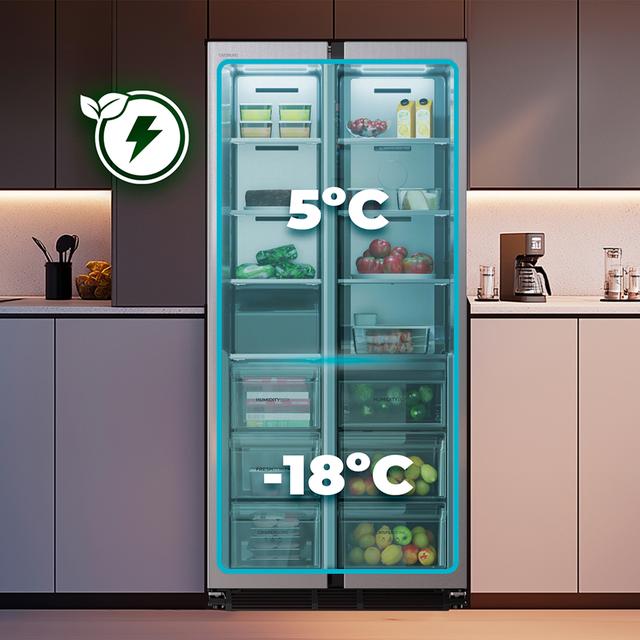 Frigorífico americano acero Inoxidable de 436 L de capacidad, 184,8 x 84,4 cm, clase E, Total No Frost, Compresor Inverter Plus y Multi AirFlow; y con tecnologías Fast Cooling y Fast Freezing, y  el Modo Smart y cajón convertible Fresh Zone Plus