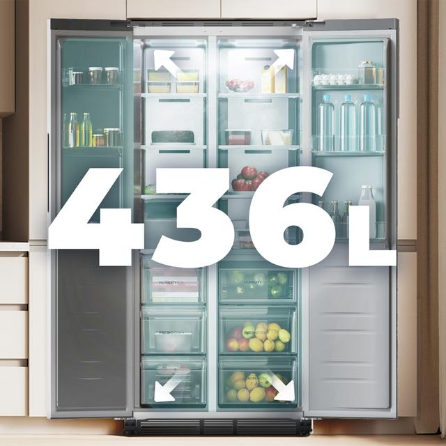 Frigorífico americano acero Inoxidable de 436 L de capacidad, 184,8 x 84,4 cm, clase E, Total No Frost, Compresor Inverter Plus y Multi AirFlow; y con tecnologías Fast Cooling y Fast Freezing, y  el Modo Smart y cajón convertible Fresh Zone Plus