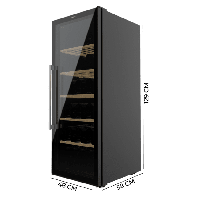 Bolero GrandSommelier 98000 Black Vinoteca negra con puerta de doble cristal y tirador cromado de 128,5 cm de alto y 48 cm de ancho con capacidad para 98 botellas en 5 estantes de madera y con sistema compresor de enfriamiento muy silencioso, 41dB. Temperatura regulable con panel de control táctil y bloqueo automático.