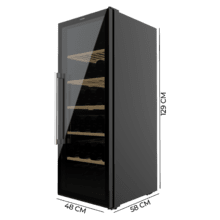 Bolero GrandSommelier 98000 Black Cave à vin noire avec double porte en verre et poignée chromée de 128,5 cm de haut et 48 cm de large, avec une capacité de 98 bouteilles sur 5 clayettes en bois et un système de refroidissement à compresseur très silencieux, 41 dB. Température réglable avec panneau de contrôle tactile et verrouillage automatique.