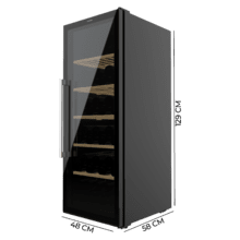 Bolero GrandSommelier 98000 Black Vinoteca negra con puerta de doble cristal y tirador cromado de 128,5 cm de alto y 48 cm de ancho con capacidad para 98 botellas en 5 estantes de madera y con sistema compresor de enfriamiento muy silencioso, 41dB. Temperatura regulable con panel de control táctil y bloqueo automático.