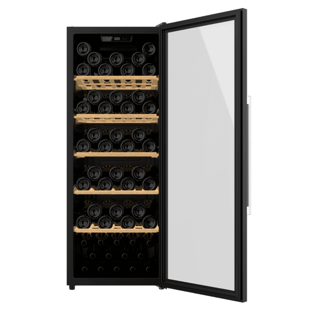 Bolero GrandSommelier 98000 Black Vinoteca negra con puerta de doble cristal y tirador cromado de 128,5 cm de alto y 48 cm de ancho con capacidad para 98 botellas en 5 estantes de madera y con sistema compresor de enfriamiento muy silencioso, 41dB. Temperatura regulable con panel de control táctil y bloqueo automático.