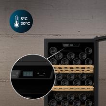 Bolero GrandSommelier 98000 Black Vinoteca negra con puerta de doble cristal y tirador cromado de 128,5 cm de alto y 48 cm de ancho con capacidad para 98 botellas en 5 estantes de madera y con sistema compresor de enfriamiento muy silencioso, 41dB. Temperatura regulable con panel de control táctil y bloqueo automático.