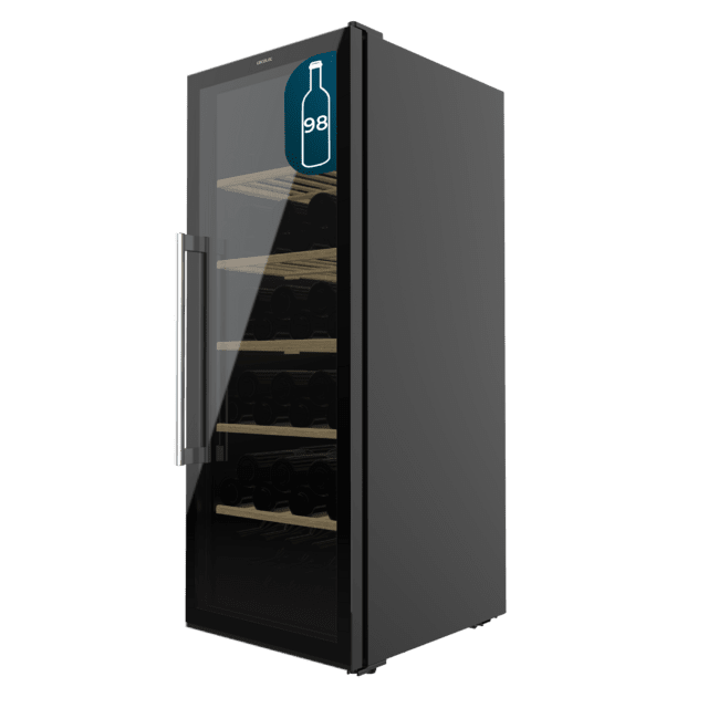 Bolero GrandSommelier 98000 Black Vinoteca negra con puerta de doble cristal y tirador cromado de 128,5 cm de alto y 48 cm de ancho con capacidad para 98 botellas en 5 estantes de madera y con sistema compresor de enfriamiento muy silencioso, 41dB. Temperatura regulable con panel de control táctil y bloqueo automático.