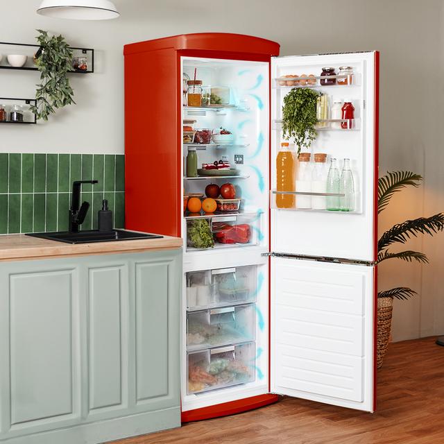 Bolero CoolMarket Combi Origin 294+ Red E Frigorífico retro combi rojo, 190cm de alto y 60 de ancho, capacidad 294L, Total No Frost, clase energética E, Multi Cooling, Ultra Fresh, Convertible Box, Multi Air Flow, Fast Freezing, Modo Eco, Botellero y Alarma en puerta..