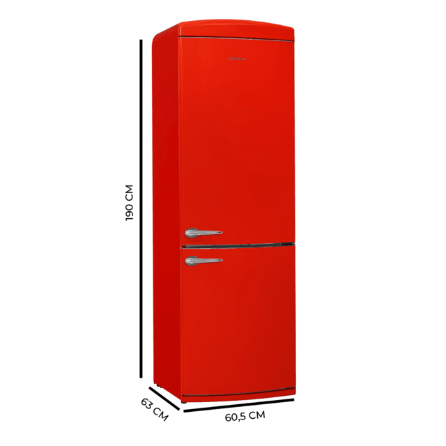 Bolero CoolMarket Combi Origin 294+ Red E Frigorífico retro combi rojo, 190cm de alto y 60 de ancho, capacidad 294L, Total No Frost, clase energética E, Multi Cooling, Ultra Fresh, Convertible Box, Multi Air Flow, Fast Freezing, Modo Eco, Botellero y Alarma en puerta..