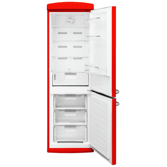 Bolero CoolMarket Combi Origin 294+ Red E Frigorífico retro combi rojo, 190cm de alto y 60 de ancho, capacidad 294L, Total No Frost, clase energética E, Multi Cooling, Ultra Fresh, Convertible Box, Multi Air Flow, Fast Freezing, Modo Eco, Botellero y Alarma en puerta..