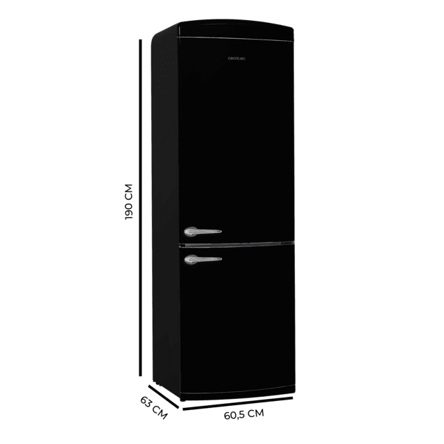 Bolero CoolMarket Combi Origin 294+ Black E Frigorífico retro combi negro, 190cm de alto y 60 de ancho, capacidad 294L, Total No Frost, clase energética E, Multi Cooling, Ultra Fresh, Convertible Box, Multi Air Flow, Fast Freezing, Modo Eco, Botellero y Alarma en puerta.