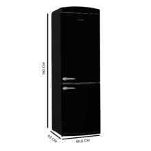 Bolero CoolMarket Combi Origin 294+ Black E Frigorífico retro combi negro, 190cm de alto y 60 de ancho, capacidad 294L, Total No Frost, clase energética E, Multi Cooling, Ultra Fresh, Convertible Box, Multi Air Flow, Fast Freezing, Modo Eco, Botellero y Alarma en puerta.