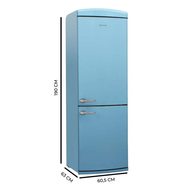 Bolero CoolMarket Combi Origin 294+ Blue E Frigorífico retro combi azul, 190cm de alto y 60 de ancho, capacidad 294L, Total No Frost, clase energética E, Multi Cooling, Ultra Fresh, Convertible Box, Multi Air Flow, Fast Freezing, Modo Eco, Botellero y Alarma en puerta.