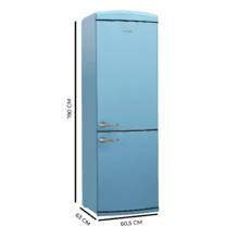 Bolero CoolMarket Combi Origin 294+ Blue E Frigorífico retro combi azul, 190cm de alto y 60 de ancho, capacidad 294L, Total No Frost, clase energética E, Multi Cooling, Ultra Fresh, Convertible Box, Multi Air Flow, Fast Freezing, Modo Eco, Botellero y Alarma en puerta.