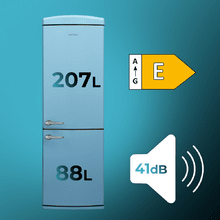 Bolero CoolMarket Combi Origin 294+ Blue E Frigorífico retro combi azul, 190cm de alto y 60 de ancho, capacidad 294L, Total No Frost, clase energética E, Multi Cooling, Ultra Fresh, Convertible Box, Multi Air Flow, Fast Freezing, Modo Eco, Botellero y Alarma en puerta.