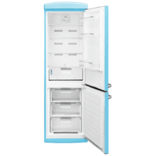 Bolero CoolMarket Combi Origin 294+ Blue E Frigorífico retro combi azul, 190cm de alto y 60 de ancho, capacidad 294L, Total No Frost, clase energética E, Multi Cooling, Ultra Fresh, Convertible Box, Multi Air Flow, Fast Freezing, Modo Eco, Botellero y Alarma en puerta.