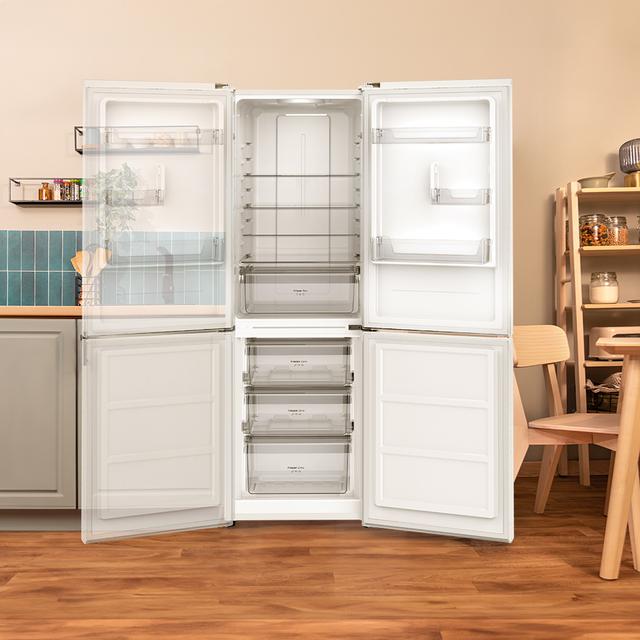 Bolero CoolMarket Combi 290 White Frigorífico combinado branco com 185 cm de altura e 59,5 cm de largura, com 290 litros de capacidade, Total No Frost, classe E e 1 gaveta para produtos frescos, adaptando-se a todas as suas necessidades.