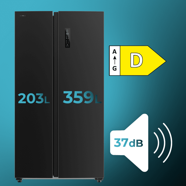 Bolero CoolMarket SBS 562 Dark D Frigorífico Americano Side by Side Inox escuro com 562 l de capacidade, 177 cm de altura e 91,2 cm de largura, com sistema Multi Air Flow, Total No Frost, Compressor Inverter Plus. Além disso, possui o modo Fast Cooling e Fast Freezing.