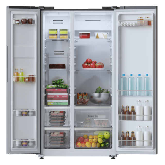 Bolero CoolMarket SBS 562 Dark D Frigorífico Americano Side by Side Inox escuro com 562 l de capacidade, 177 cm de altura e 91,2 cm de largura, com sistema Multi Air Flow, Total No Frost, Compressor Inverter Plus. Além disso, possui o modo Fast Cooling e Fast Freezing.